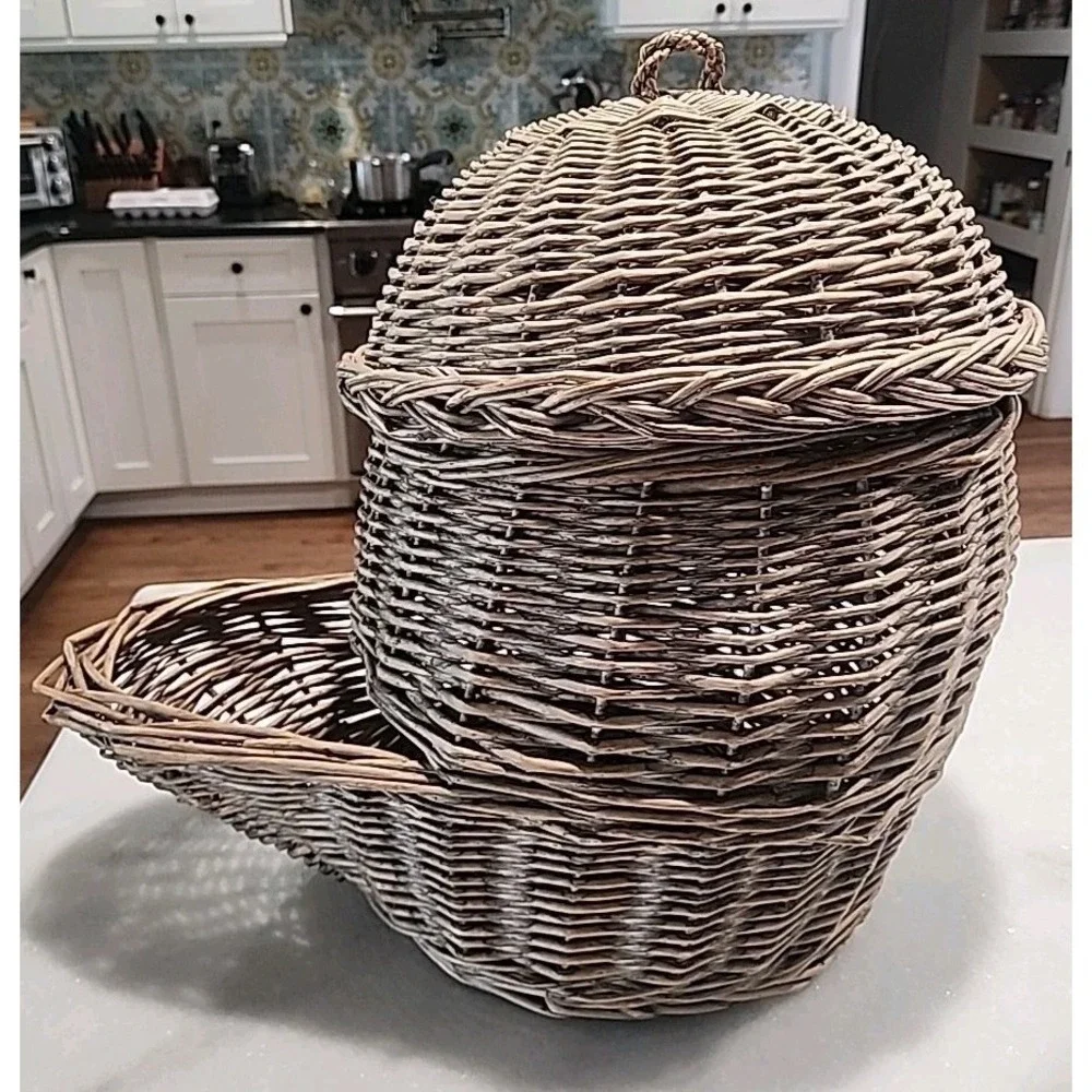 French-style Rustic Wicker Onion or Potato Storage Basket Hopper Style With Lid